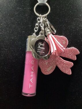 Tahari Pink Lip Gloss Bag/Key Charm with Tassel & Flower Charm